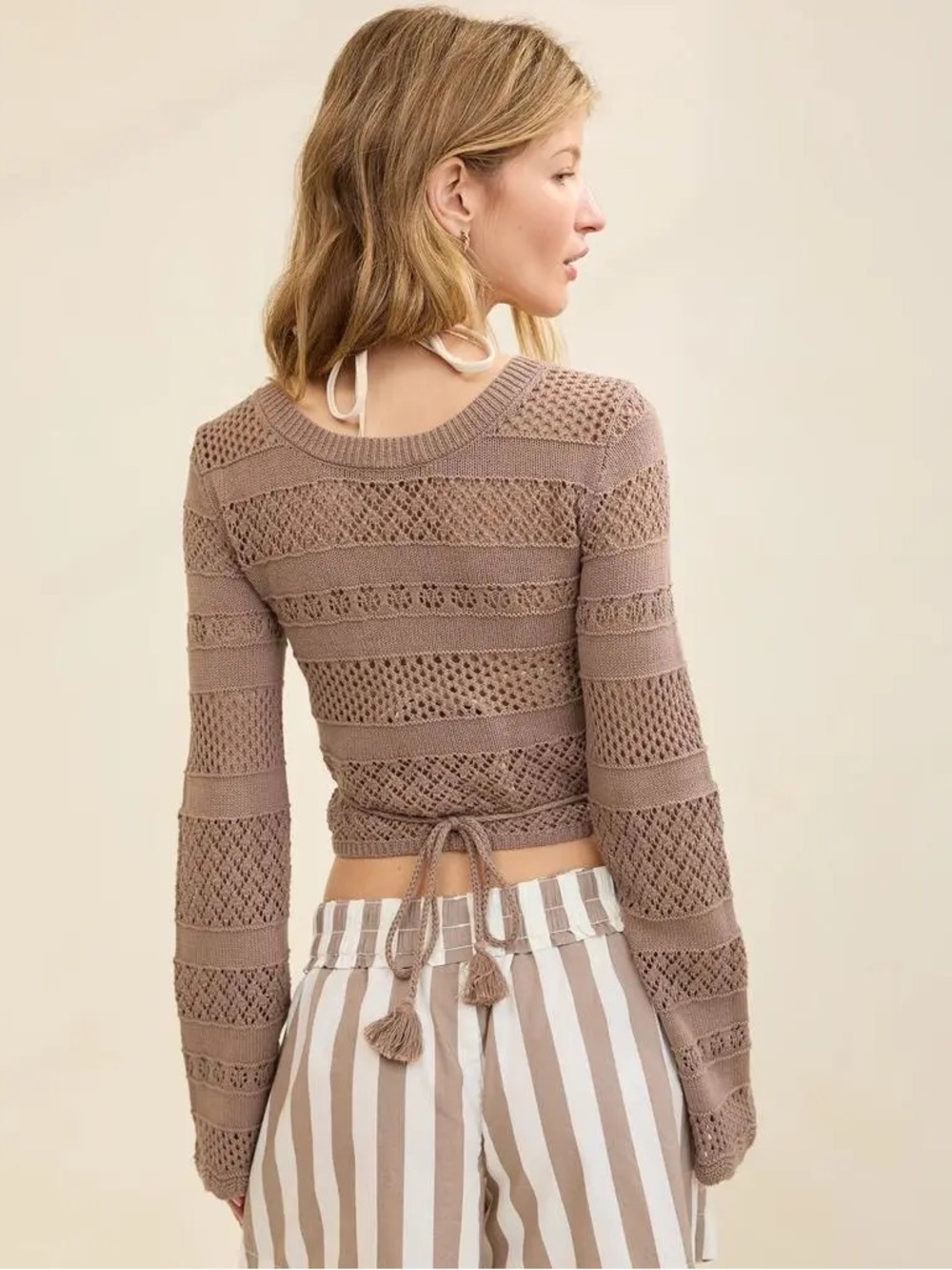 Aerie Women’s Green Reversible Crochet Wrap Sweater with Tassels, Size Small - Picture 3 of 12